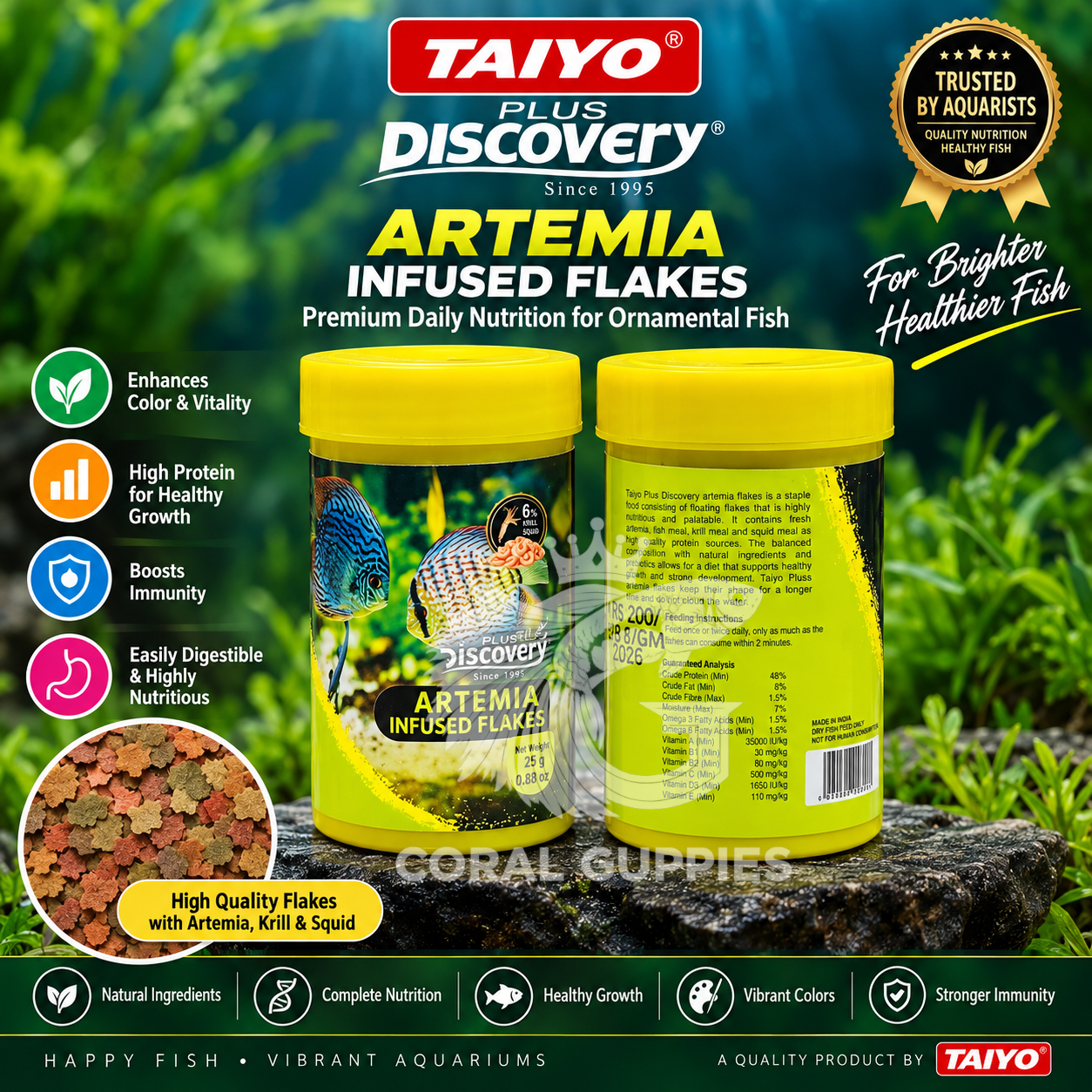 Buy Taiyo Discovery - Artemia Infused Flakes Online India - Coral Guppies Shop